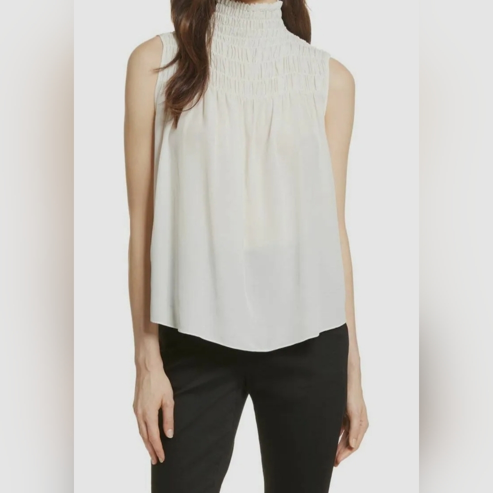 NWOT Frame Women's White Silk Smocked Sleeveless Mock Neck Blouse | Small S